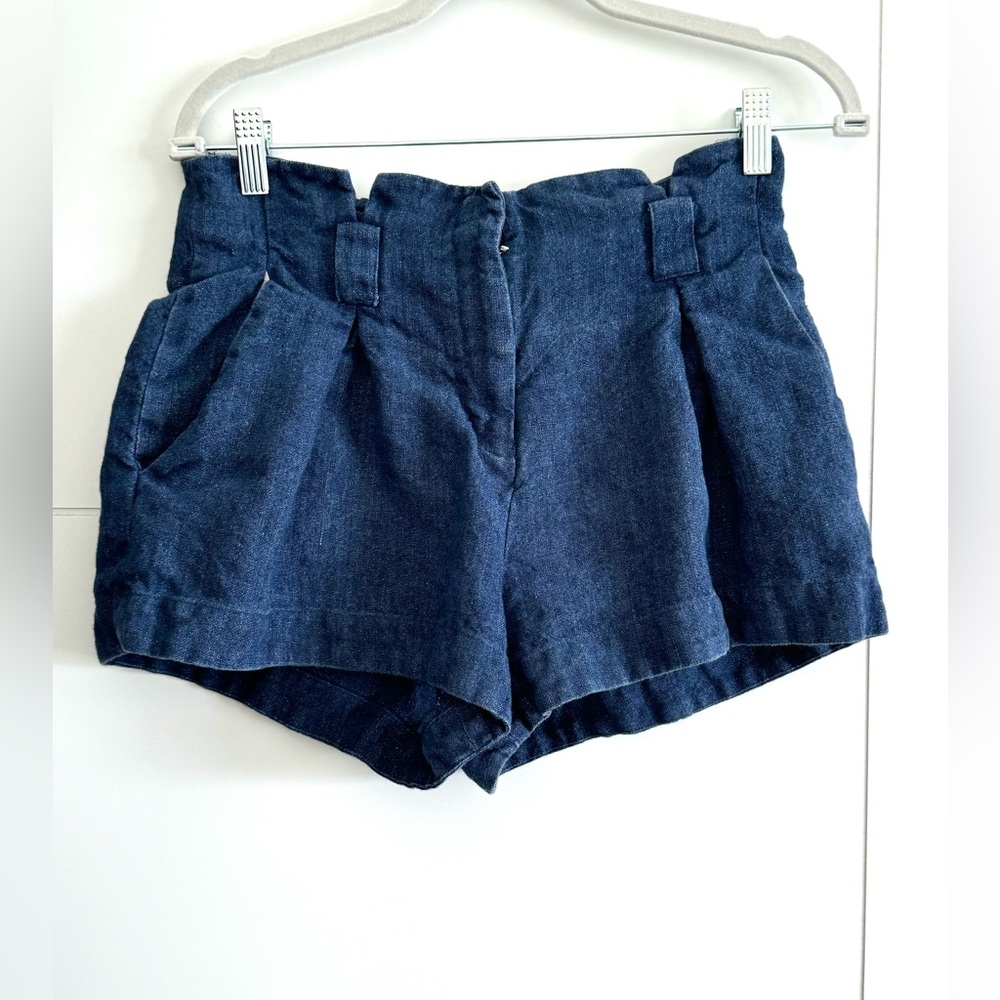 L'Agence Women's 100% Linen High-Waisted Blue Paperbag Shorts Size 4